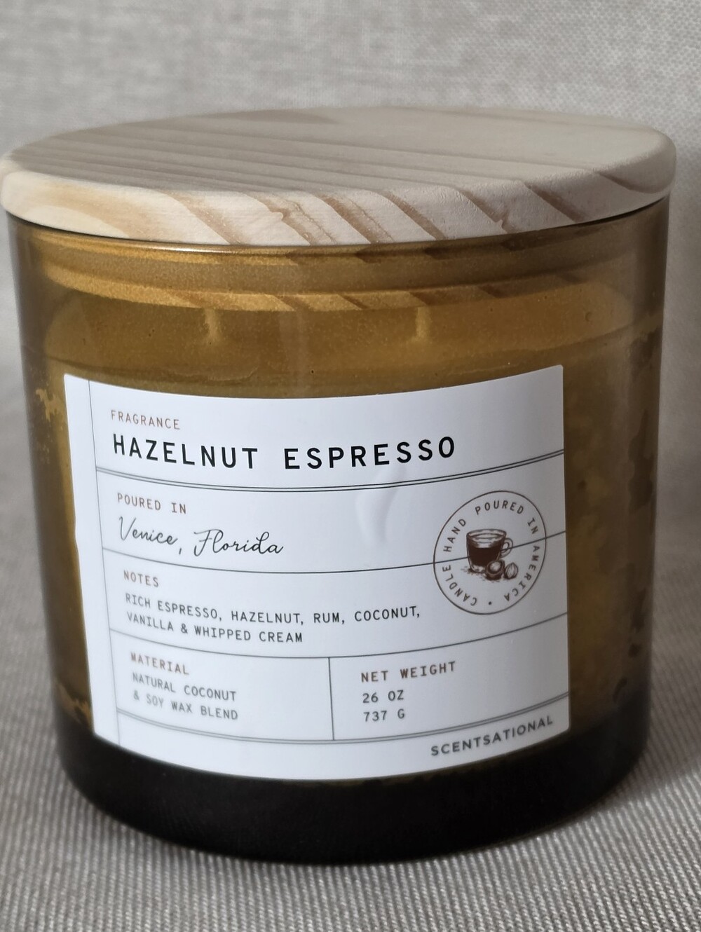 Scentsational Hazelnut Espresso Scented Candle - Amber Glass with Wood Lid 26 oz
